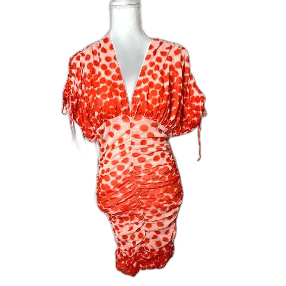 NWT Vertigo Polka Dots Printed V-Neck Short sleeve Ruched Bodycon Dress Size L